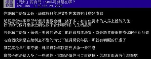 網友提問：「房貸期限 50 年到底錯在哪？」。圖／截自PTT