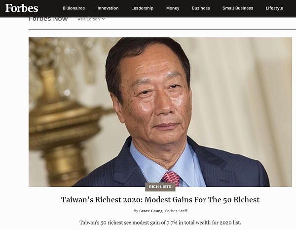 富比世雜誌(Forbes)公布2020年台灣50大富豪榜。圖/截自富比世雜誌