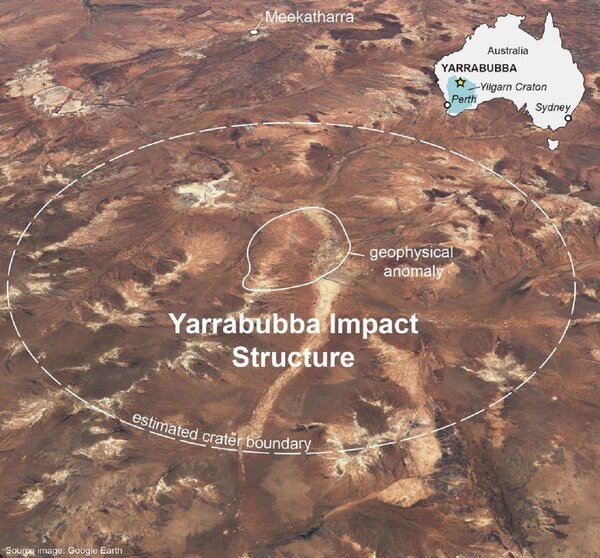 《自然通訊》期刊22日刊登研究指出，澳洲西澳省內陸的亞拉布巴隕石坑是世上已知最古老隕石坑，年代至少約22億年，撞擊當時可能還讓地表脫離冰河期。但經歷長期侵蝕風化，亞拉布巴隕石坑現已變得非常平坦，無法用肉眼觀察撞擊結構和原始大小。畫面翻攝：The Conversation/Google Earth