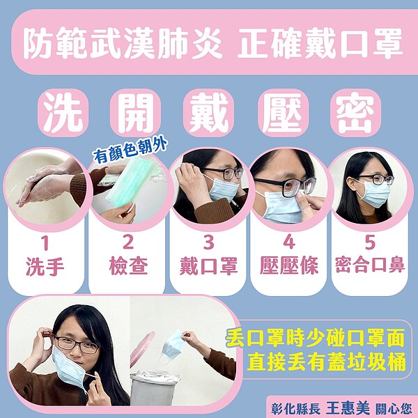 彰化縣衛生局提供民眾正確配戴口罩的5個步驟。圖/彰化縣衛生局提供