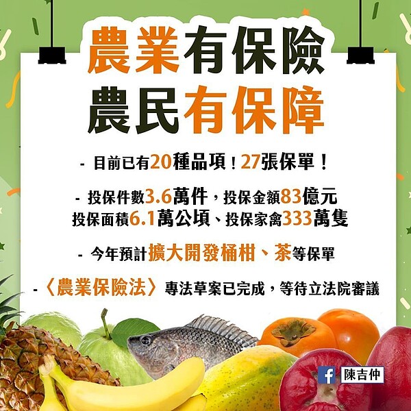 農委會3年多來推動農業保險，目前有20種品項、27張保單。圖／截自農委會主委陳吉仲臉書