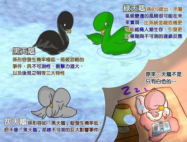 武漢肺炎疫情被形容是史無前例的「黑天鵝」,央行用一張圖教大家分辨什麼市「黑天鵝」、「綠天鵝」與「灰天鵝」。圖/截自央行臉書粉絲專頁