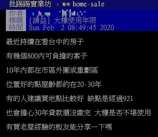 一名網友在PTT上表示,想在台中置產,但有兩種類型的房子,讓他相當猶豫不決。圖/翻攝PTT