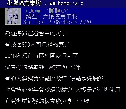 一名網友在PTT上表示，想在台中置產，但有兩種類型的房子，讓他相當猶豫不決。圖／翻攝PTT