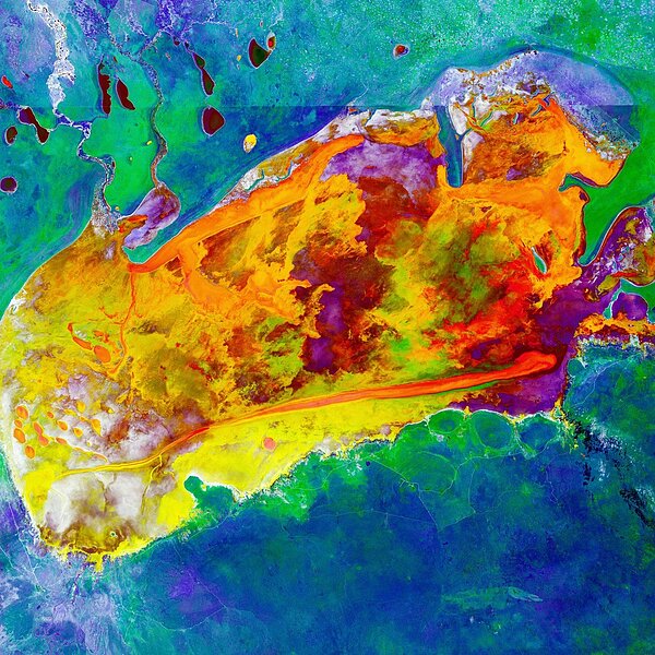 南非國家納米比亞這片廣闊的地區，是世界上最大的鹽田之一，位在埃托沙國家公園內。照片上方一條明顯的水平線條，就是國家公園的圍欄。這張宛如抽象畫的照片，斑斕的色彩代表每次雨季後，水分蒸發，地上鹽分分布的變化。周圍的藍綠色陰影，則是包圍著鹽田的叢林大草原。 圖／美國地質調查局