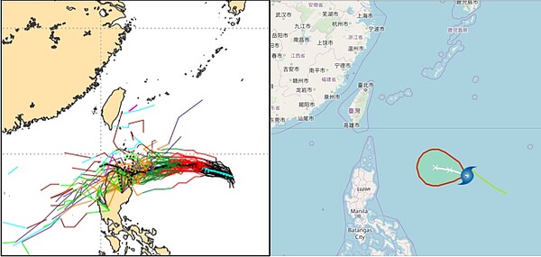 最新(16日20時)歐洲中期預報中心(ECMWF)系集模式,大部分模擬路徑被低層的東北風所導引,折向呂宋島(左圖)。與中央氣象局最新(17日2時)的「路徑潛勢預測圖」(右圖)類似,對台灣無直接影響。圖/取自ECMWF、「三立準氣象·老大洩天機」專欄