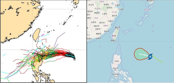 最新(16日20時)歐洲中期預報中心(ECMWF)系集模式，大部分模擬路徑被低層的東北風所導引，折向呂宋島(左圖)。與中央氣象局最新(17日2時)的「路徑潛勢預測圖」(右圖)類似，對台灣無直接影響。圖／取自ECMWF、「三立準氣象·老大洩天機」專欄