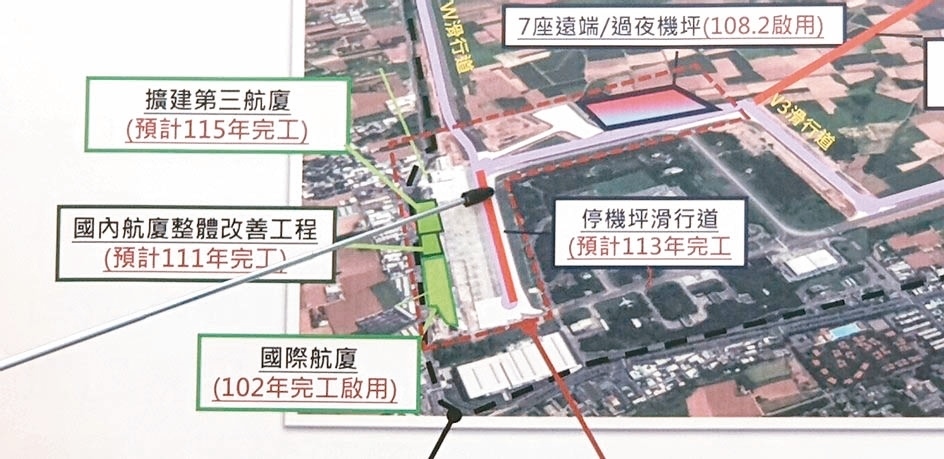 交通部長林佳龍和立委洪慈庸昨天到台中國際機場，了解機場擴建進度。 記者游振昇／攝影