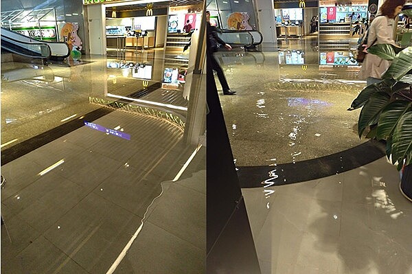 桃機二航廈B2美食街19日上午出現大面積積水,讓旅客舉步維艱。圖/取自PTT八卦版