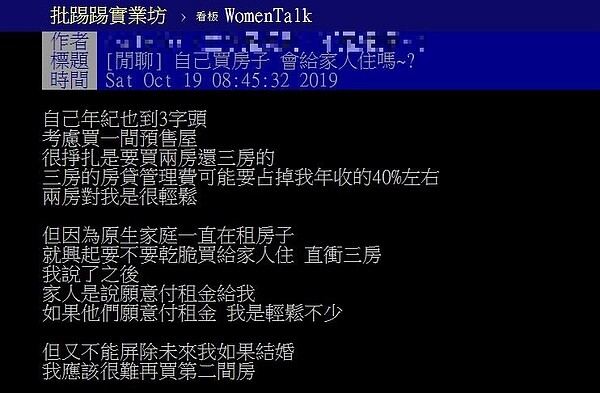 有網友考慮家人長期租屋，想問大家「買房子會給家人住嗎？」。圖／翻攝PTT