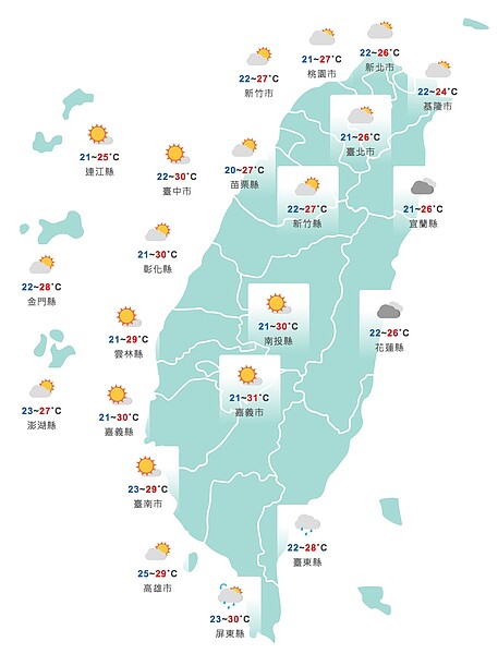 26日各地天氣為多雲到晴。圖/取自中央氣象局網站