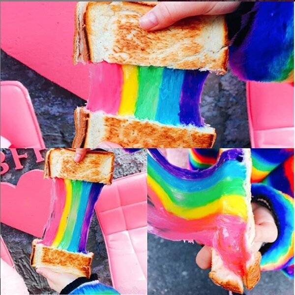 刷爆IG、網美都瘋傳的原宿「LE SHINER」的彩虹牽絲吐司。圖／取自instagram@le_shiner_jp