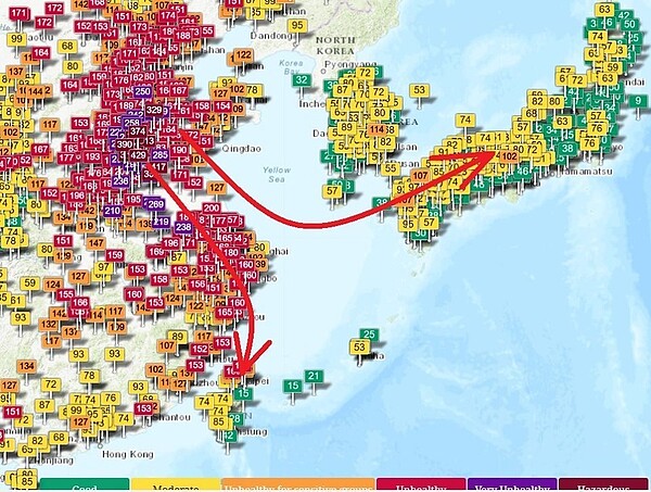 大陸沙塵暴擴散範圍包括韓國、日本和台灣。圖／取自鄭明典臉書