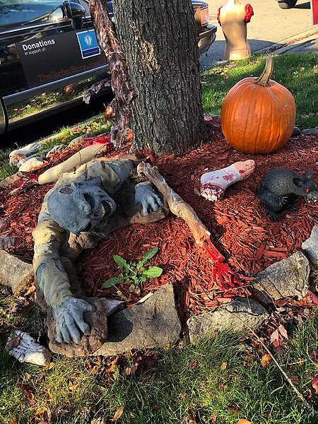 投訴的當地居民認為,米奇·蓋伯家門外的萬聖裝飾太過逼真、血腥而且恐怖,更妨礙了人行道,所以才會向當地政府做出檢舉投訴。(當事屋主裝飾)圖/取自臉書社團《Canadian Haunters Association》