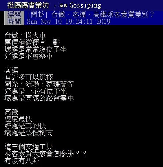 有網友在網路上發問「台鐵、高鐵跟客運乘客素質差別?」圖/翻攝PTT