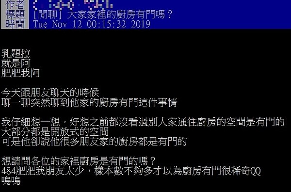 有網友跟朋友聊天才知道,原來很多人家裡的廚房都有門。圖/翻攝PTT