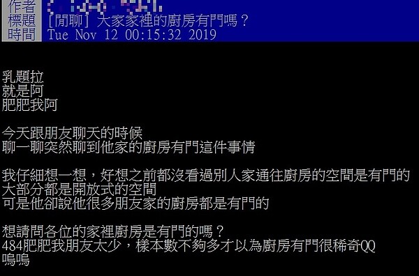 有網友跟朋友聊天才知道，原來很多人家裡的廚房都有門。圖／翻攝PTT