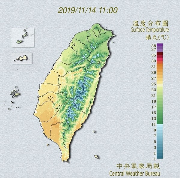 明天溫度回升，不過，下周一開始受到鋒面通過、東北季風增強，以及海鷗颱風影響，預計氣溫會再回降。圖／中央氣象局提供