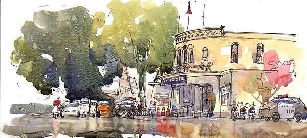 知名的速寫老師朱啟助在台中市第一警分局外速寫,成品令人驚艷。 圖/台中市警察局第一分局提供