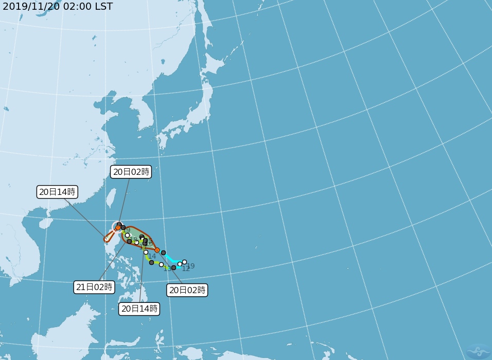 中央氣象局20日清晨2時路徑潛勢預測圖顯示，第26號颱風海鷗，正向西南朝呂宋島前進，將迅速減弱為熱帶低壓。圖／取自氣象局網站