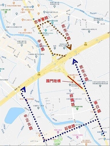 國門陸橋封閉，周邊交管示意圖。圖／公路總局第一區養護工程處提供