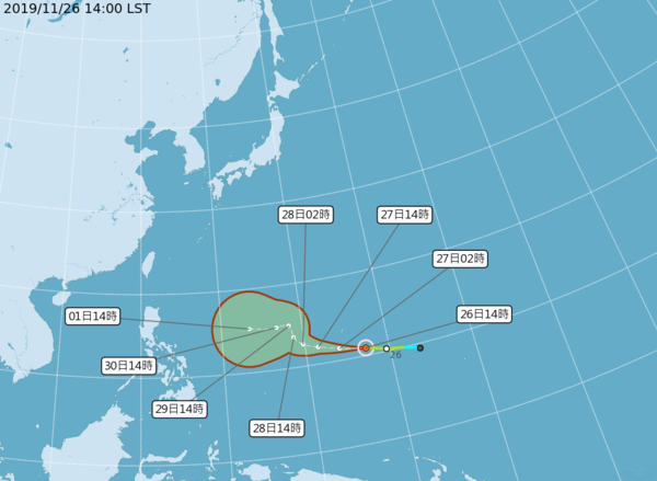 輕度颱風北冕是今年11月第六個颱風，追平1964年與1991年的11月最多颱風紀錄。取自中央氣象局