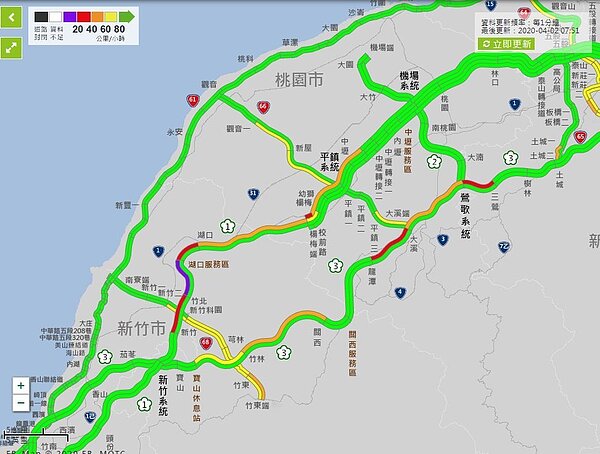 國1出現紫爆路段,國1湖口服務區-竹北南向路段,車速只有19公里;湖口到新竹南向路段壅塞。國3三鶯-鶯歌系統南向路段,車速26公里;大溪-龍潭南向路段,車速32公里。圖/取自高公局網站