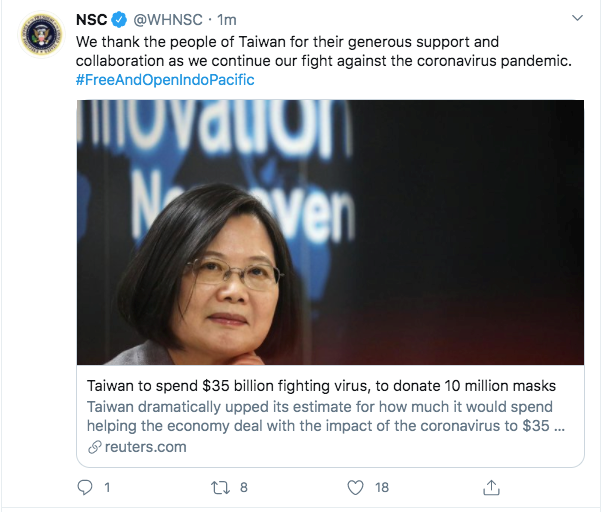 白宮國安會（NSC）在推特表示感謝台灣慷慨的捐助與支持。取自推特