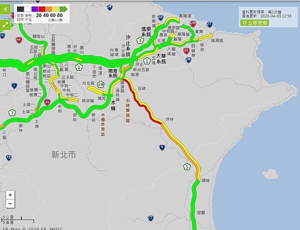 清明節連續假期第二天,中午國5之後出現南向壅塞車潮,南港系統到坪林行控南向路段,時速低於40公里,甚至只有22公里。圖/取自高公局網站
