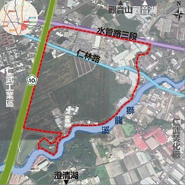 高雄市政府規劃的仁武產業園區（紅色範圍內），面積約74公頃，將成重要航太科技聚落。圖／高雄經發局提供