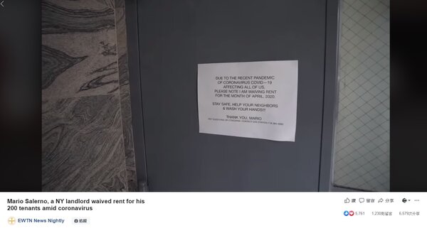 美國有名房東在自己出租的房子門口貼出告示，表示將不收4月份房租。圖／截取自EWTN News Nightly臉書
