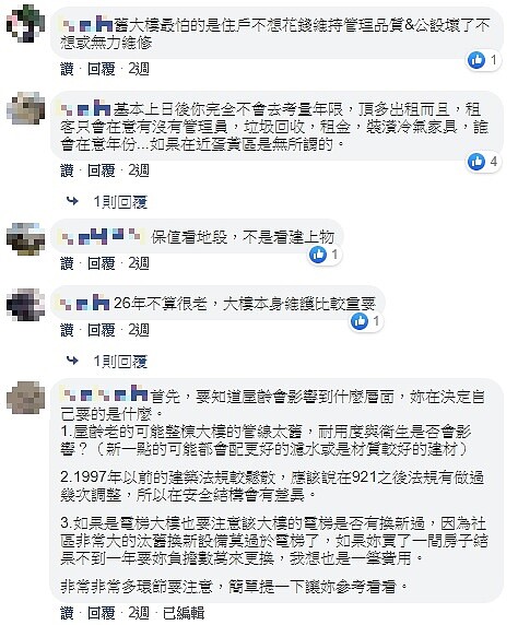 網友發問屋齡大概幾年的大樓,是不適合居住的?其他網友紛紛提出見解。圖/翻攝臉書社團《買房知識家(Q你的A)》