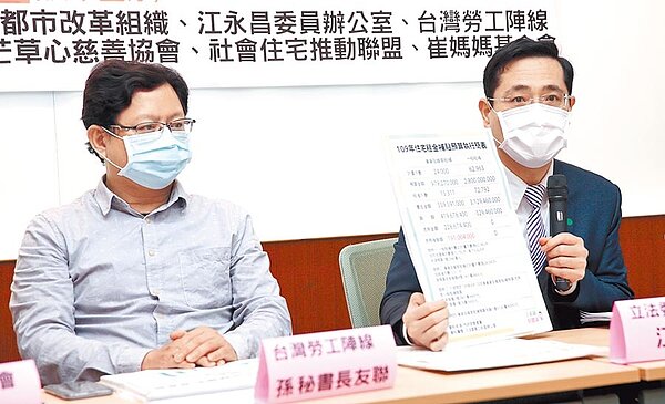 民進黨立委江永昌(右)、勞陣祕書長孫友聯(左)等人指出,全球疫情嚴峻衝擊勞工階層,遭減班減薪的勞工已近8000人,呼籲政府以「緊急租金補貼」方案,減輕租屋勞工的負擔。(黃世麒攝)