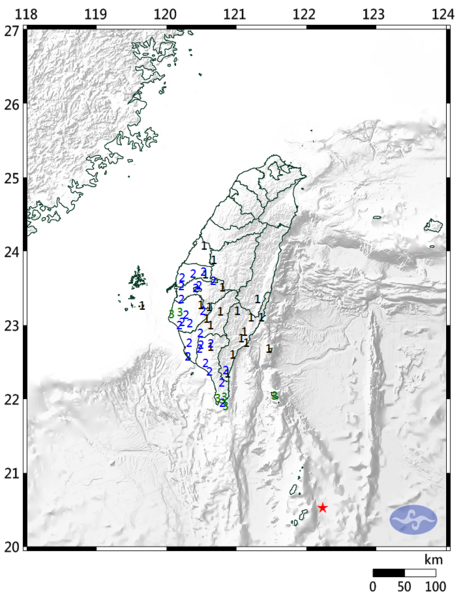 11日凌晨0時44分，位在台東南偏東方的海面上發生規模6.4的地震。圖/取自中央氣象局