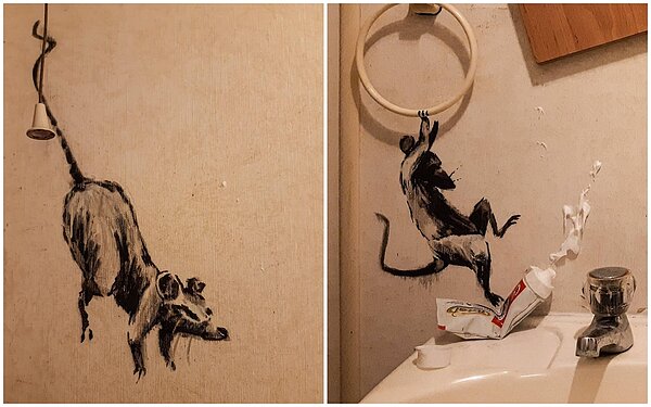 英國當代街頭藝術家班克西在IG公布居家避疫期間的創作,圖為兩張近距照,分別是老鼠用尾巴勾住吊燈開關拉線,以及拉著毛巾吊環又把牙膏踩到擠出來。圖/翻攝自Instagram/banksy