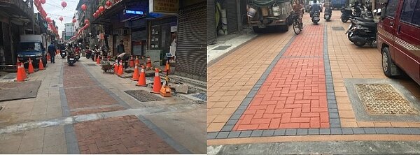 左新莊福德宮廟側邊鋪面改善前照片,右為側邊鋪面改善後照片。圖/新莊區公所提供