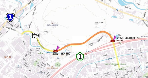 竹9線「1K+500處」到「3k+000處」將進行整建改善,部分路段也將加設隔音牆,預計今年5月發包,11月完工。圖/新竹縣工程處提供