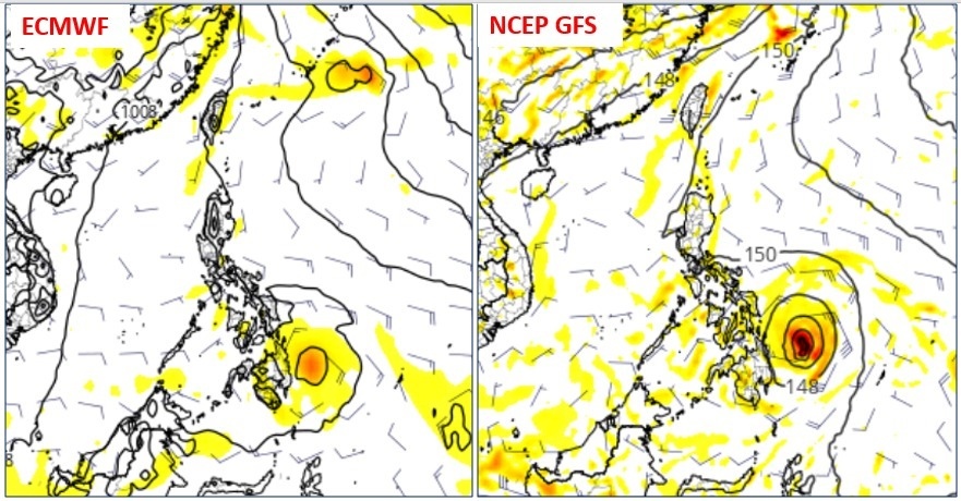 最新(27日20時)模式模擬顯示，菲律賓東方為有利熱帶擾動發展的海面；歐洲(ECMWF)模式模擬其發展的較弱，周六(2日)20時並未達輕颱的強度(左圖)；美國(GFS)模式模擬則發展的較快也較強，已有輕颱的強度(右圖)。圖／取自「三立準氣象．老大洩天機」專欄、tropical tidbits
