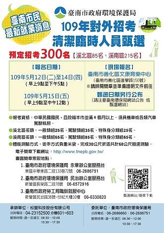 台南環保局臨時清潔人員招考。圖/台南市政府提供