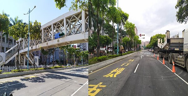 左為拆橋前景象,右為清水陸橋拆除後,土城金城路二段天際線重生樣貌。圖/新北工務局提供
