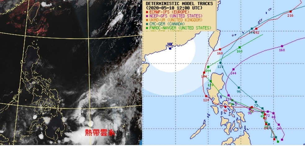 11日晨5時雲圖顯示，在菲律賓東方海面的低壓雲系正在發展中(左)。最新各國模式模擬路徑相當分歧，有在菲律賓東方海面即向北迴轉的，也有先進入南海再向北迴轉的(右)。圖／取自「三立準氣象．老大洩天機」專欄、Multi-Agency TC Forecast