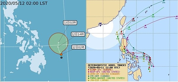 菲律賓東方海面的熱帶性低氣壓,預測未來24小時偏北移動,並有發展為輕度颱風的機率(左)。各國模式對路徑的模擬是分歧(右)。圖/取自「三立準氣象.老大洩天機」專欄、typhoon2000.ph