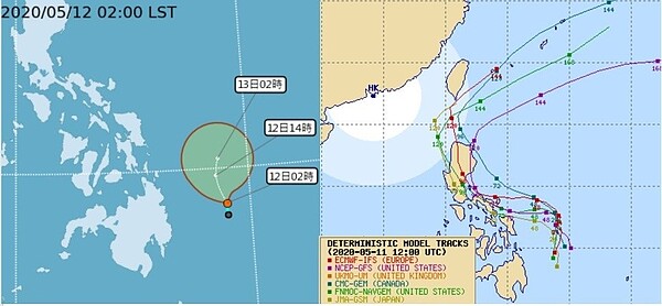菲律賓東方海面的熱帶性低氣壓，預測未來24小時偏北移動，並有發展為輕度颱風的機率（左）。各國模式對路徑的模擬是分歧（右）。圖／取自「三立準氣象．老大洩天機」專欄、typhoon2000.ph