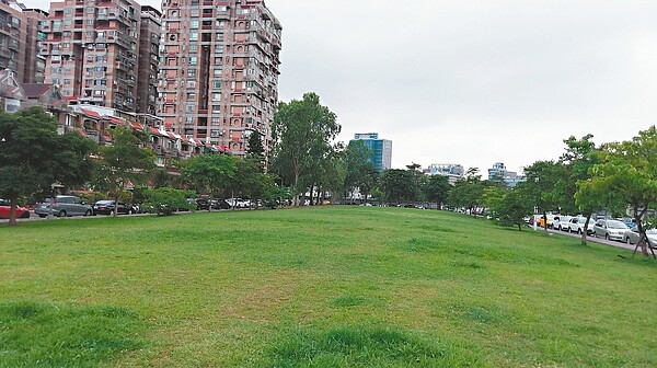 北市民生社區的松榮公園現況是一公頃左右的草地，將開闢成鄰里公園，進駐長者與兒童遊憩設施，但有居民主張難得的草地種樹就好。 記者鄭朝陽／攝影