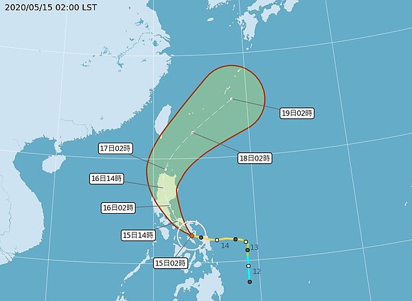 黃蜂颱風中心在周六深夜或到周日凌晨會進入巴士海峽。圖/取自氣象局網站