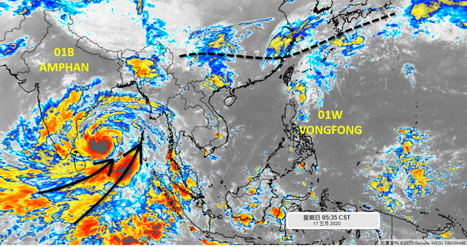 吳聖宇說，印度洋孟加拉灣的熱帶氣旋01B-AMPHAN卻在快速成長中，預估將發展為強度甚強的系統。圖／取自「天氣職人-吳聖宇」臉書粉絲專頁