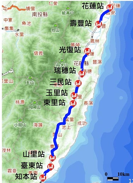 花東鐵路雙軌電氣化工程路線。圖／鐵道局提供