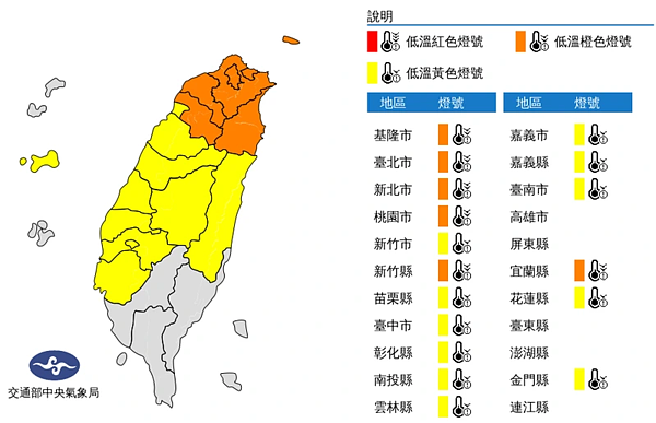 氣象局說，今天至周三各地氣溫明顯偏低，有10度以下氣溫發生的機率。今天白天局部地區有持續10度左右或以下氣溫(橙色燈號)發生的機率，注意防範。圖／取自氣象局網站