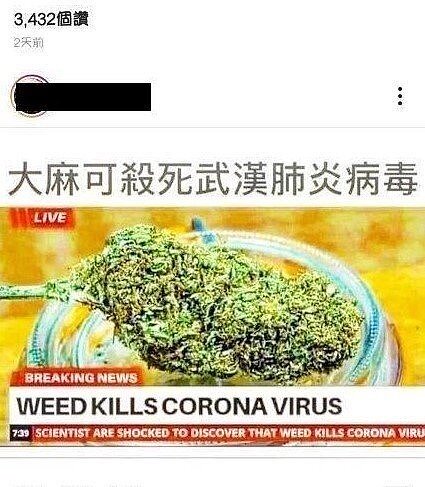 謝姓男子在IG散布大麻可治新冠肺炎假訊息,該圖片是變造國外電視新聞畫片而來。圖/刑事局提供