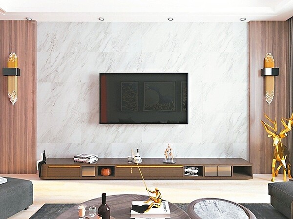 木紋自黏地壁兩用磚營造居室溫潤質感。 圖/特力屋提供